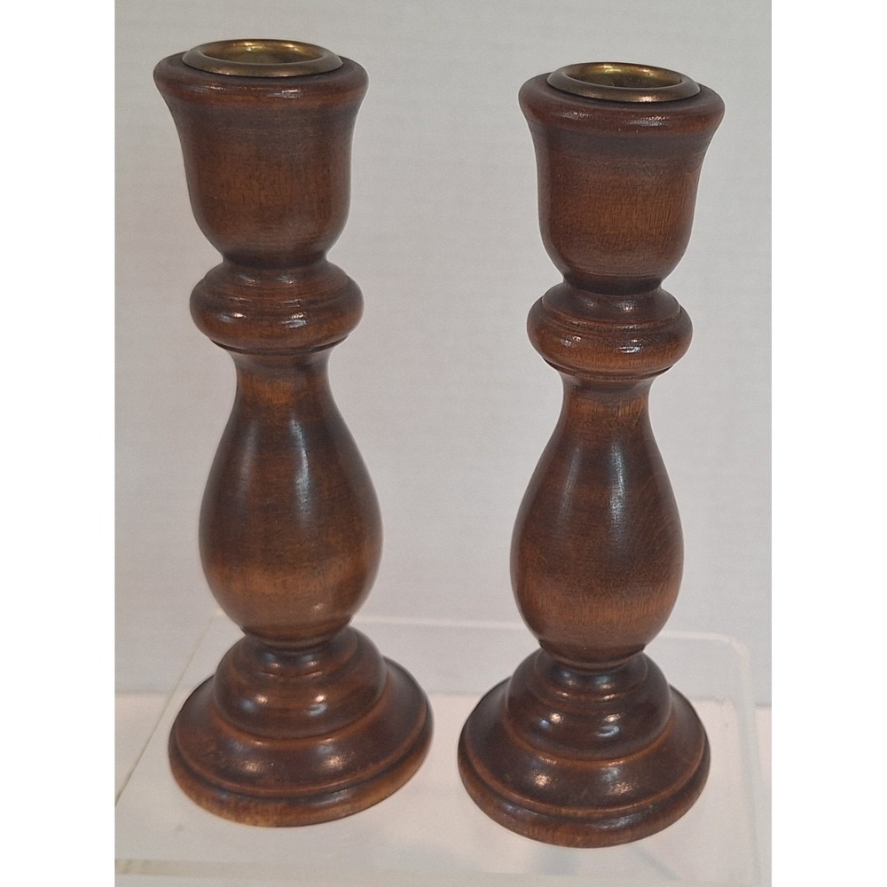 Vintage Turned Wood Candlestick Holders Pair Dark Brown Brass Inset 6.75 Inch - Picture 2 of 8